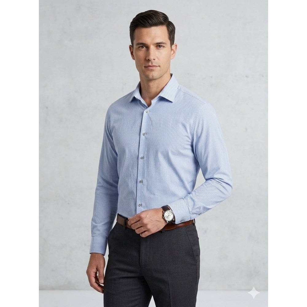 Kenneth Cole Reaction Men Slim Fit Dress Shirt Blue White Striped Flex L 16-16.5